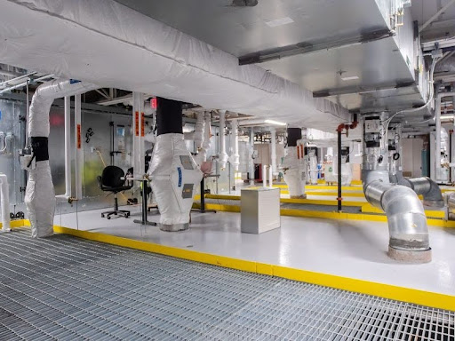 Industrial flooring is utilized in a commercial space for safety, easy maintenance and durability.